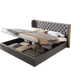 Redom Lit 160x200 cm avec coffre hydraulique et tête de lit capitonnée en velours gris