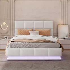Redom Lit 140x200 cm avec coffre hydraulique et éclairage LED, tête et cadre tapissés similicuir blanc contemporain Discount