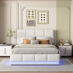 Redom Lit 140x200 cm avec coffre hydraulique et éclairage LED, tête et cadre tapissés similicuir blanc contemporain Discount