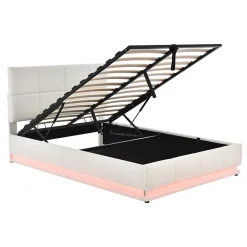 Redom Lit 140x200 cm avec coffre hydraulique et éclairage LED, tête et cadre tapissés similicuir blanc contemporain Discount