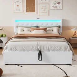 Redom Lit 160x200 cm avec coffre hydraulique, eclairage LED multicolore avec telecommande, ports USB Type C, lin blanc