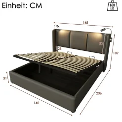 Simple Life Lit 140x200 cm avec coffre lumiere de lecture ports USB cadre PU avec sommier sans matelas New