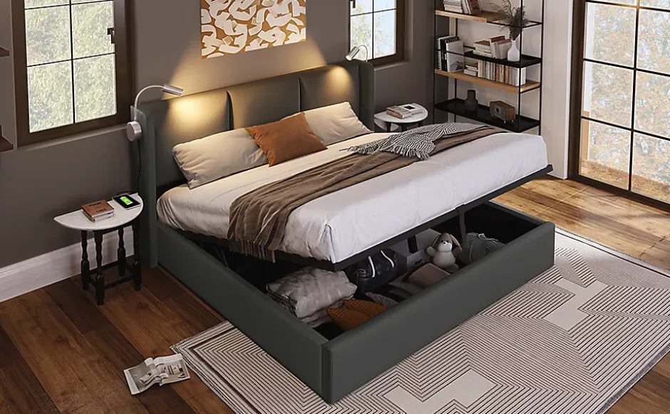 Simple Life Lit 140x200 cm avec coffre lumiere de lecture ports USB cadre PU avec sommier sans matelas New