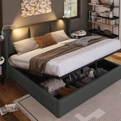 Simple Life Lit 140x200 cm avec coffre lumiere de lecture ports USB cadre PU avec sommier sans matelas New