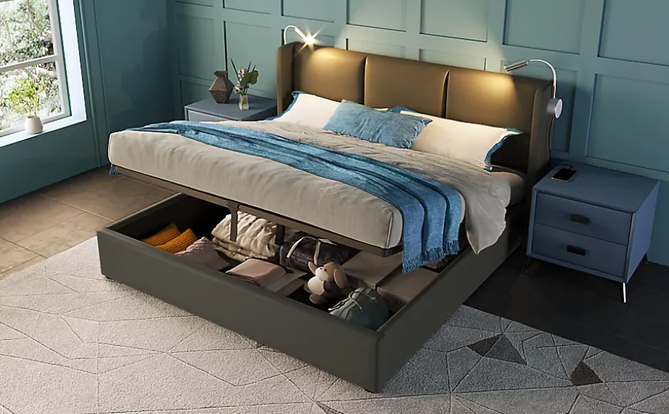 Simple Life Lit 140x200 cm avec coffre lumiere de lecture ports USB cadre PU avec sommier sans matelas New
