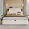 Redom Lit 180x200 cm avec coffre, tête réglable à rivets, liseuse USB et revêtement coton-lin beige, cadre métal
