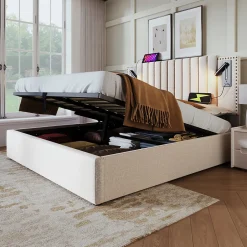 Redom Lit 180x200 cm avec coffre, tête réglable à rivets, liseuse USB et revêtement coton-lin beige, cadre métal