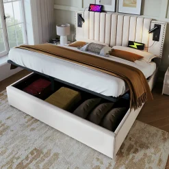 Redom Lit 180x200 cm avec coffre, tête réglable à rivets, liseuse USB et revêtement coton-lin beige, cadre métal