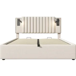 Redom Lit 180x200 cm avec coffre, tête réglable à rivets, liseuse USB et revêtement coton-lin beige, cadre métal