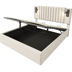 Redom Lit 180x200 cm avec coffre, tête réglable à rivets, liseuse USB et revêtement coton-lin beige, cadre métal