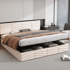 Redom Lit 180x200 cm avec coffre, tête de lit réglable (5 cm) et revêtement velours beige, style élégant