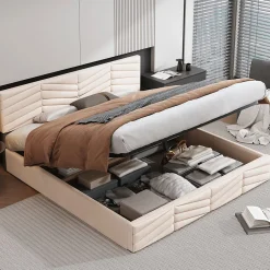 Redom Lit 180x200 cm avec coffre, tête de lit réglable (5 cm) et revêtement velours beige, style élégant
