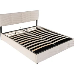 Redom Lit 180x200 cm avec coffre, tête de lit réglable (5 cm) et revêtement velours beige, style élégant