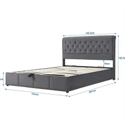 Redom Lit 140x200 cm avec coffre, tête de lit capitonnée en velours gris et banc-coffre assorti, design élégant Clearance
