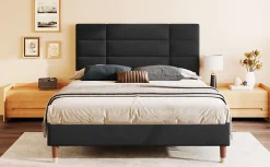 Redom Lit 140x200 cm avec espace de rangement sous le sommier et tête de lit rembourrée en lin noir Hot