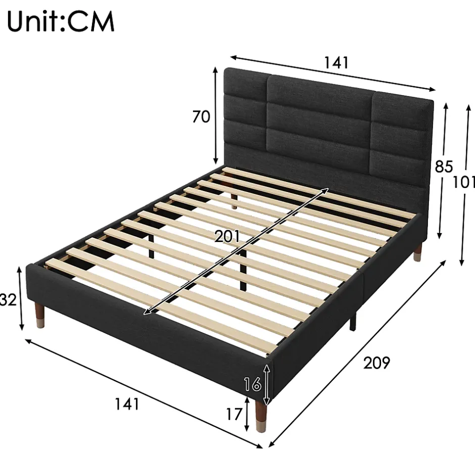 Redom Lit 140x200 cm avec espace de rangement sous le sommier et tête de lit rembourrée en lin noir Hot
