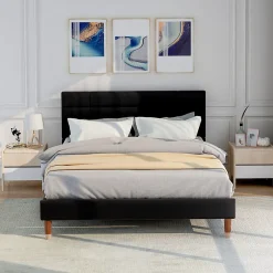 Redom Lit 140x200 cm avec espace de rangement sous le sommier et tête de lit rembourrée en lin noir Hot
