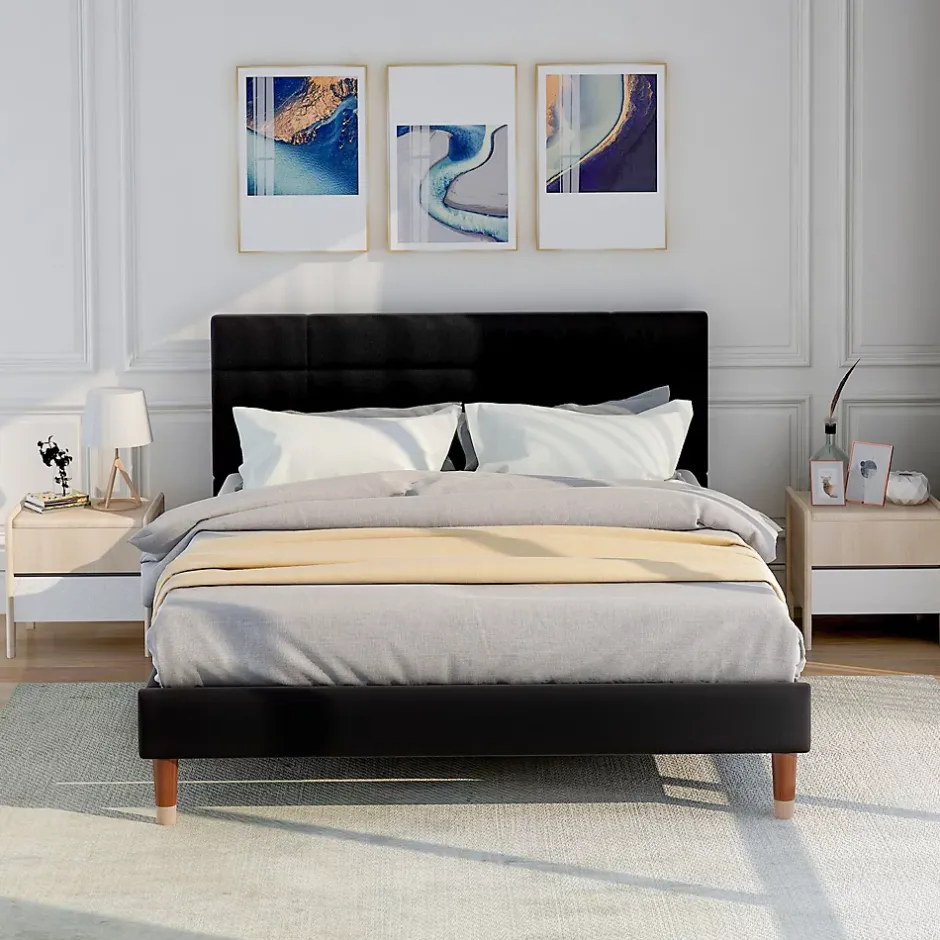 Redom Lit 140x200 cm avec espace de rangement sous le sommier et tête de lit rembourrée en lin noir Hot