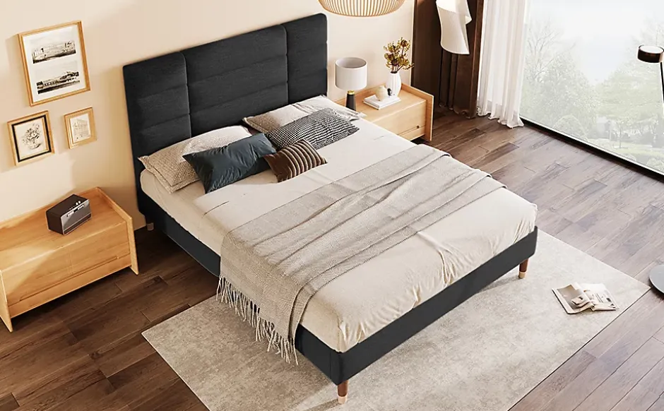Redom Lit 140x200 cm avec espace de rangement sous le sommier et tête de lit rembourrée en lin noir Hot