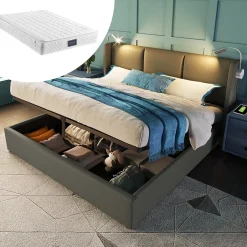 Redom Lit 160x200 cm avec grand rangement et tête de lit équipée d'une liseuse orientable et prise USB, PU gris Best