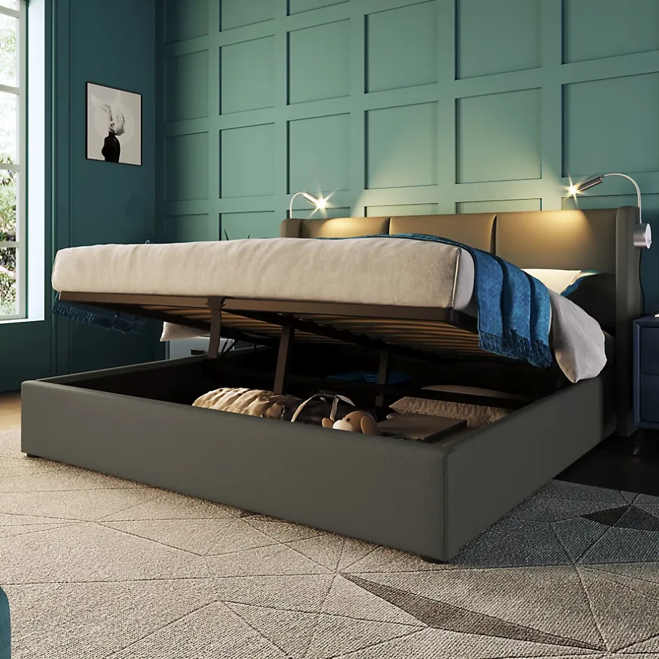 Redom Lit 160x200 cm avec grand rangement et tête de lit équipée d'une liseuse orientable et prise USB, PU gris Best