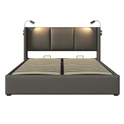 Redom Lit 160x200 cm avec grand rangement et tête de lit équipée d'une liseuse orientable et prise USB, PU gris Best