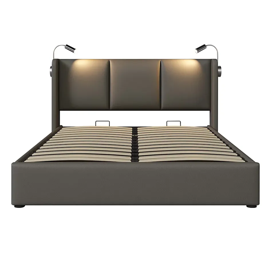 Redom Lit 160x200 cm avec grand rangement et tête de lit équipée d'une liseuse orientable et prise USB, PU gris Best