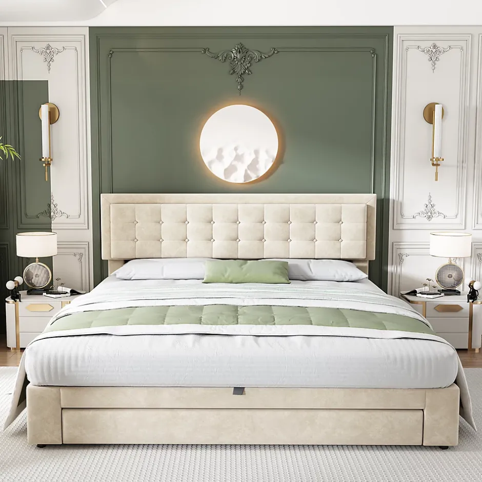 Redom Lit 160x200 cm avec grand rangement hydraulique, tête de lit réglable en velours beige et pieds métal Outlet
