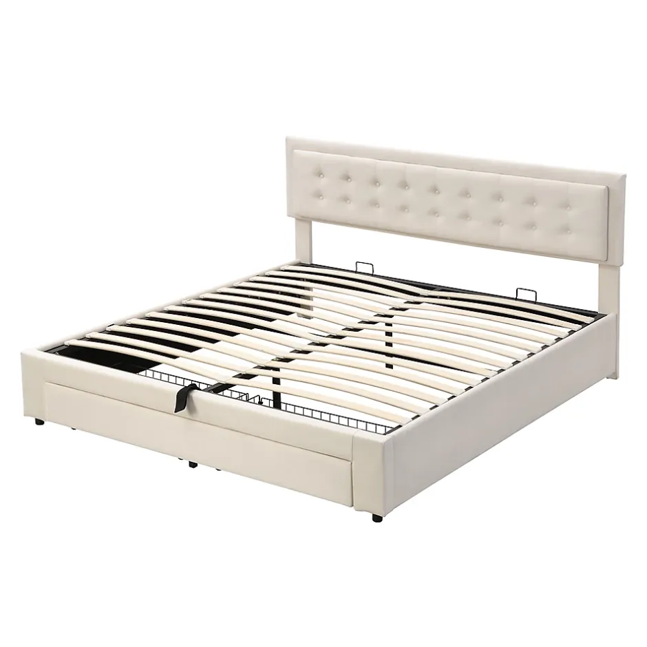 Redom Lit 160x200 cm avec grand rangement hydraulique, tête de lit réglable en velours beige et pieds métal Outlet