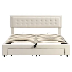 Redom Lit 160x200 cm avec grand rangement hydraulique, tête de lit réglable en velours beige et pieds métal Outlet