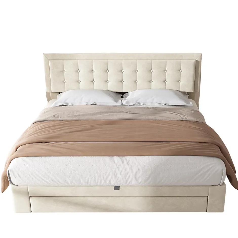 Redom Lit 160x200 cm avec grand rangement hydraulique, tête de lit réglable en velours beige et pieds métal Outlet