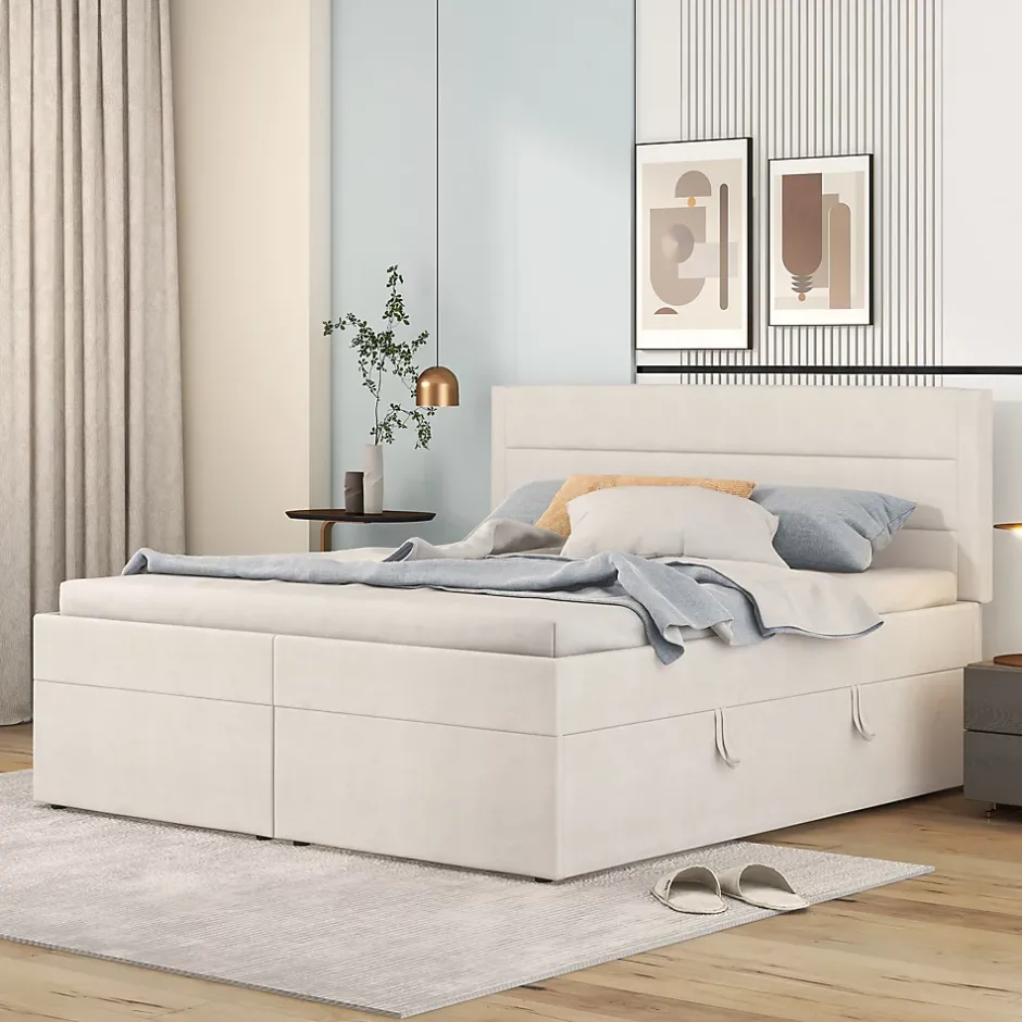Redom Lit 140x200 cm avec grand rangement, revêtement lin beige, cadre métal et structure bois massif, style minimaliste Hot