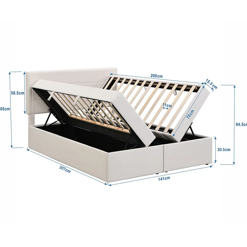 Redom Lit 140x200 cm avec grand rangement, revêtement lin beige, cadre métal et structure bois massif, style minimaliste Hot