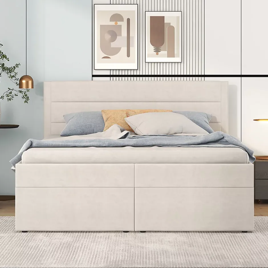 Redom Lit 140x200 cm avec grand rangement, revêtement lin beige, cadre métal et structure bois massif, style minimaliste Hot
