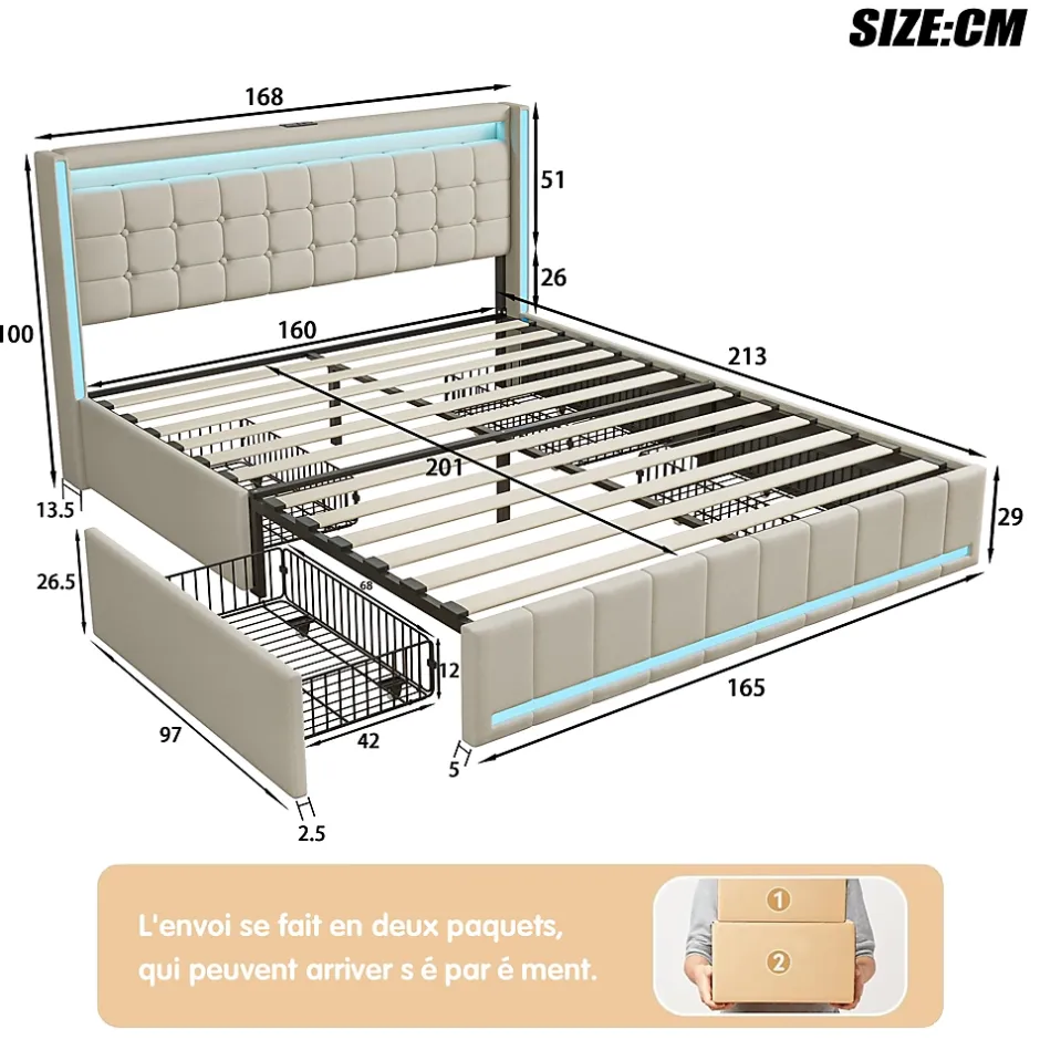 ProximaX Lit 160x200 cm avec LED, 4 tiroirs, USB et Type-C, cadre en lin, pour adultes, beige Hot