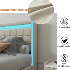 ProximaX Lit 160x200 cm avec LED, 4 tiroirs, USB et Type-C, cadre en lin, pour adultes, beige Hot