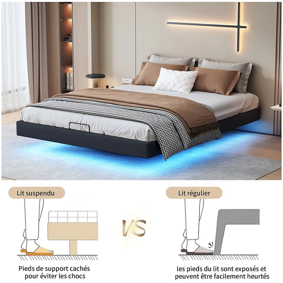 ProximaX Lit 160x200 cm avec LED, cadre flottant, base en bois, PU noir, sans tête de lit, rangement Hot
