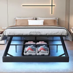 ProximaX Lit 160x200 cm avec LED, cadre flottant, base en bois, PU noir, sans tête de lit, rangement Hot