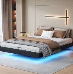 ProximaX Lit 160x200 cm avec LED, cadre flottant, base en bois, PU noir, sans tête de lit, rangement Hot