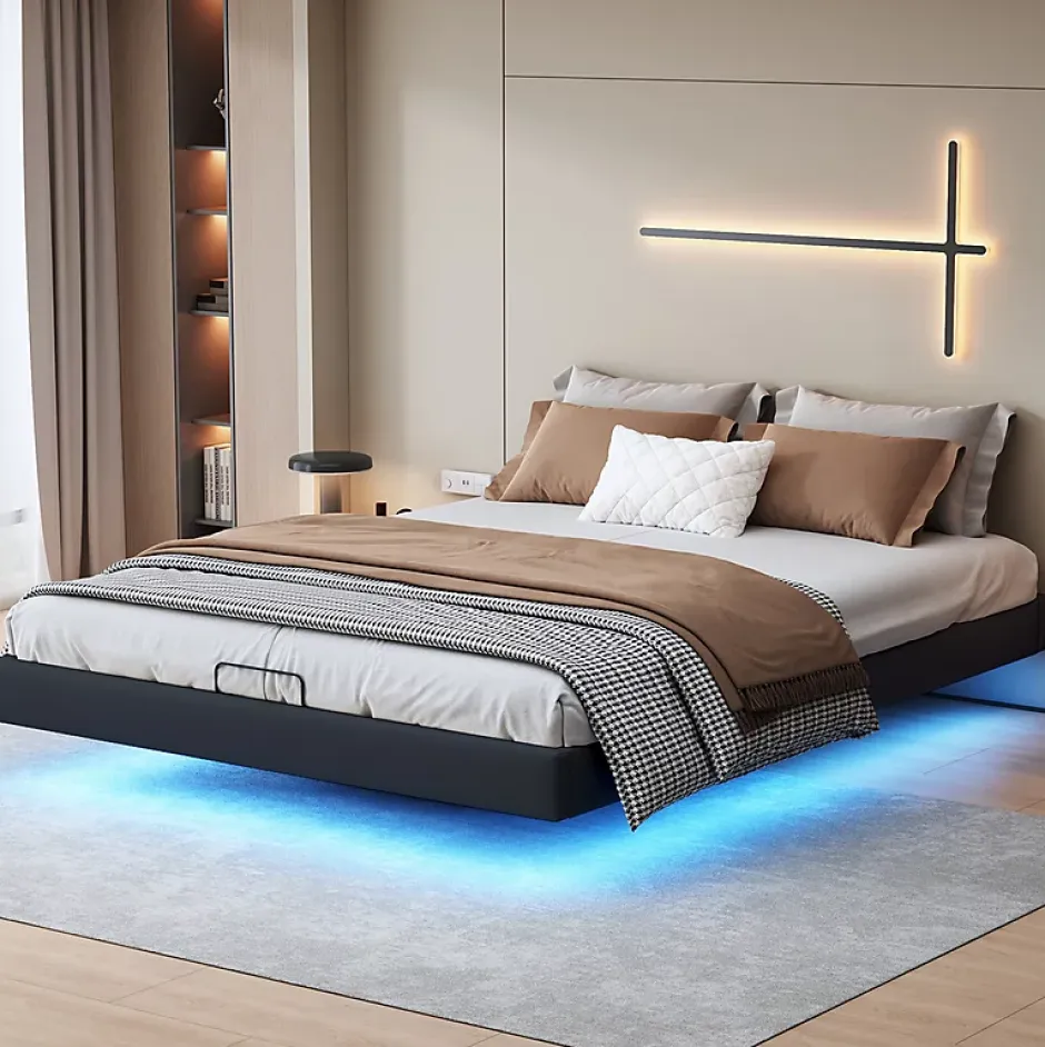 ProximaX Lit 160x200 cm avec LED, cadre flottant, base en bois, PU noir, sans tête de lit, rangement Hot