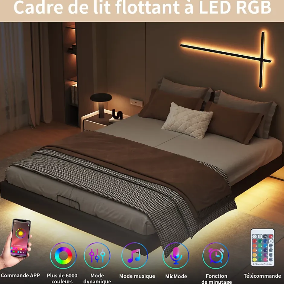 ProximaX Lit 160x200 cm avec LED, cadre flottant, base en bois, PU noir, sans tête de lit, rangement Hot