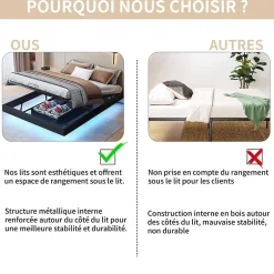 ProximaX Lit 160x200 cm avec LED, cadre flottant, base en bois, PU noir, sans tête de lit, rangement Hot