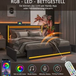 Generique Lit 160x200 cm avec LED et ports USB Type C, lit Queen 160x200 cm avec sommier à lattes et 4 tiroirs, tissu en lin, gris foncé