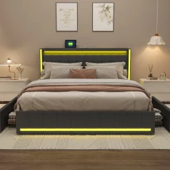 Generique Lit 160x200 cm avec LED et ports USB Type C, lit Queen 160x200 cm avec sommier à lattes et 4 tiroirs, tissu en lin, gris foncé