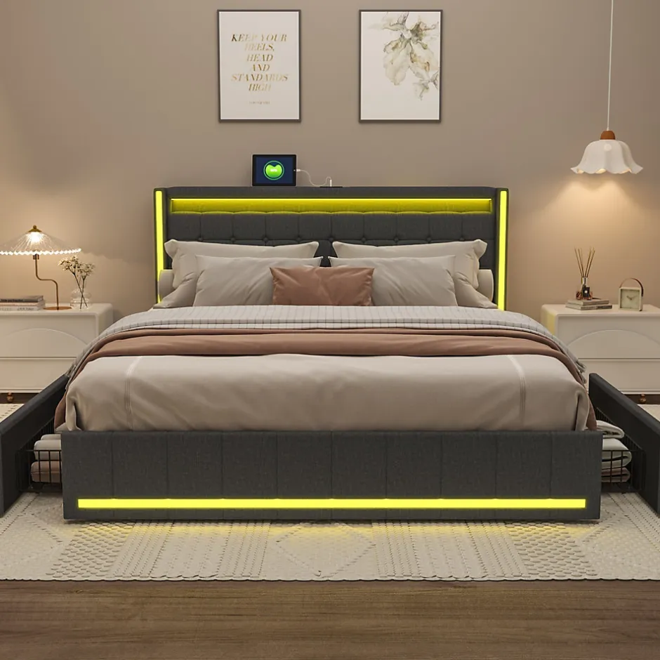 Generique Lit 160x200 cm avec LED et ports USB Type C, lit Queen 160x200 cm avec sommier à lattes et 4 tiroirs, tissu en lin, gris foncé