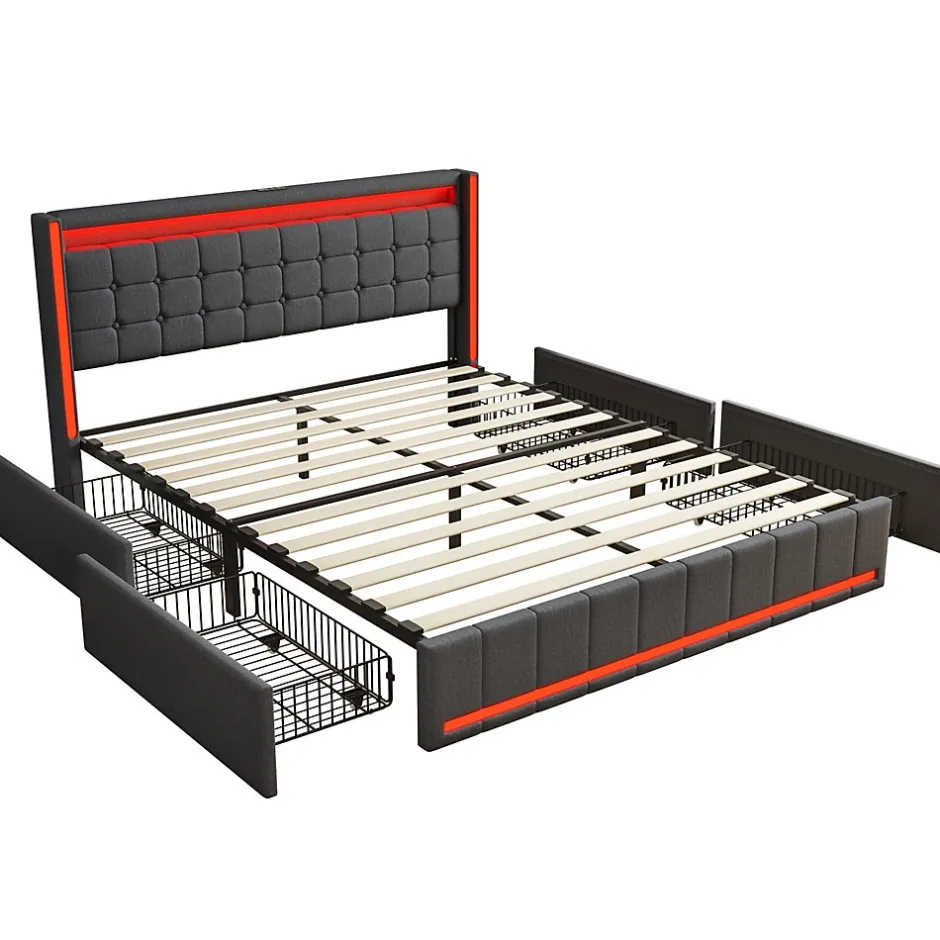 Generique Lit 160x200 cm avec LED et ports USB Type C, lit Queen 160x200 cm avec sommier à lattes et 4 tiroirs, tissu en lin, gris foncé