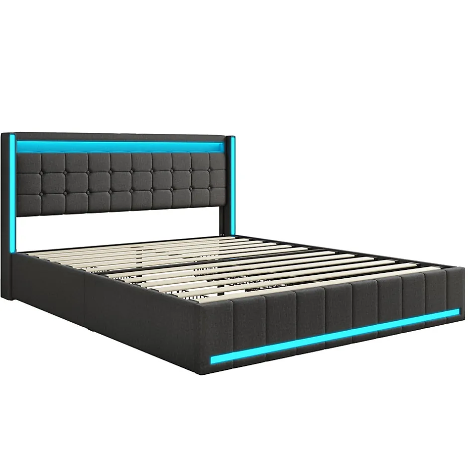 Generique Lit 160x200 cm avec LED et ports USB Type C, lit Queen 160x200 cm avec sommier à lattes et 4 tiroirs, tissu en lin, gris foncé
