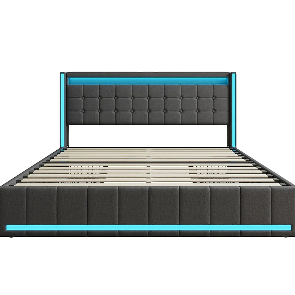 Generique Lit 160x200 cm avec LED et ports USB Type C, lit Queen 160x200 cm avec sommier à lattes et 4 tiroirs, tissu en lin, gris foncé