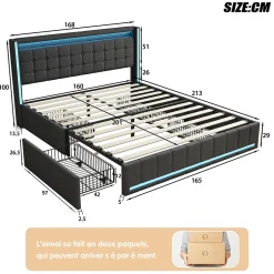 ProximaX Lit 160x200 cm avec LED et ports USB Type C, lit Queen 160x200 cm avec sommier à lattes et 4 tiroirs, tissu en lin, gris foncé