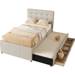 Redom Lit 90x200 cm avec lit gigogne et 3 tiroirs, tête de lit réglable, tapissé lin beige, design minimaliste